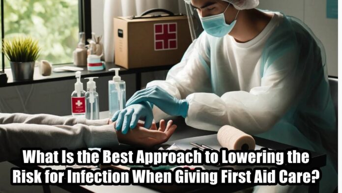 what is the best approach to lowering the risk for infection when giving first aid care?